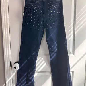 Fashion Nova Dark Blue Studded Flare Jeans